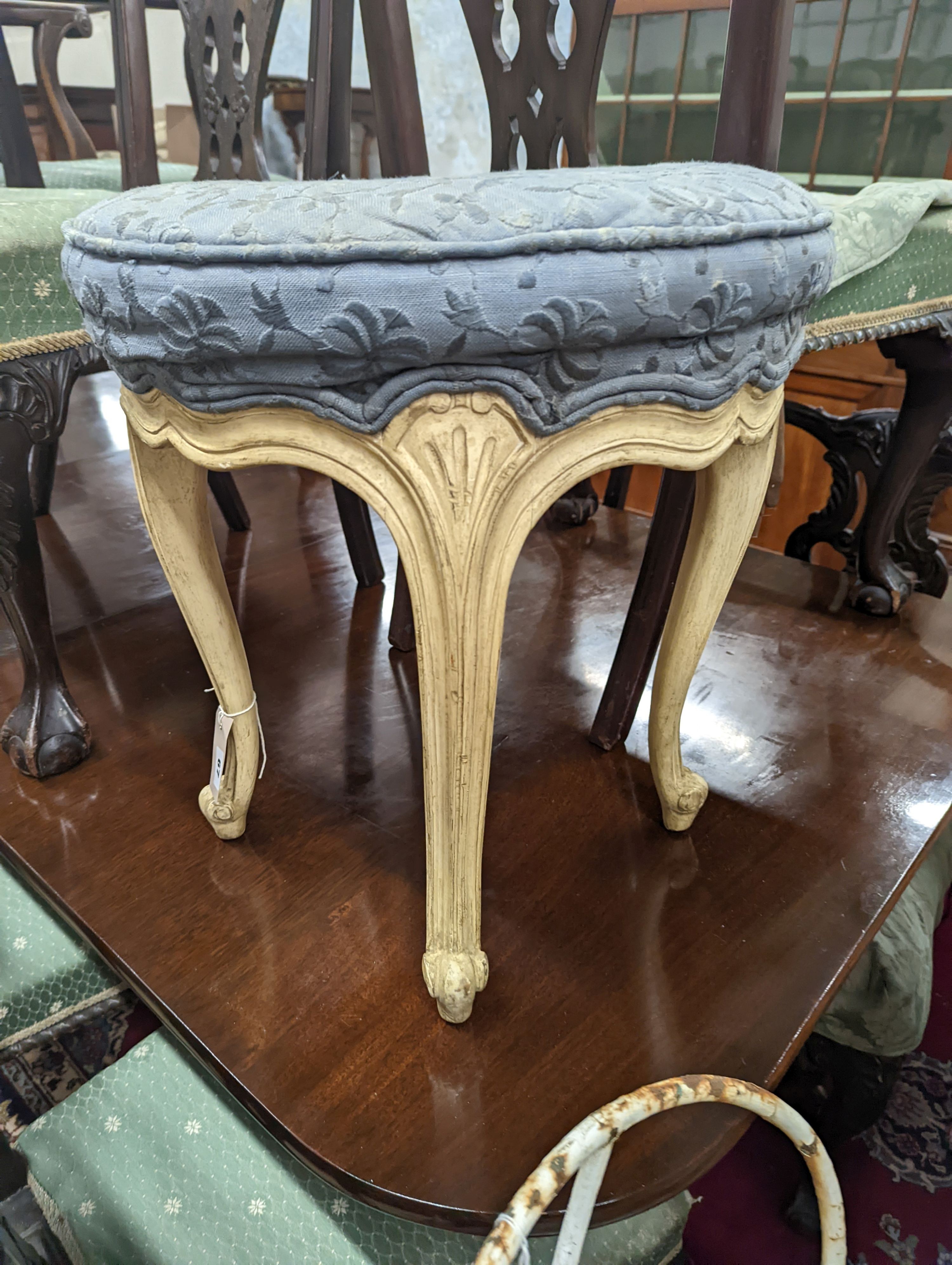 A 1930's painted circular cabriole leg dressing stool, diameter 44cm, height 48cm